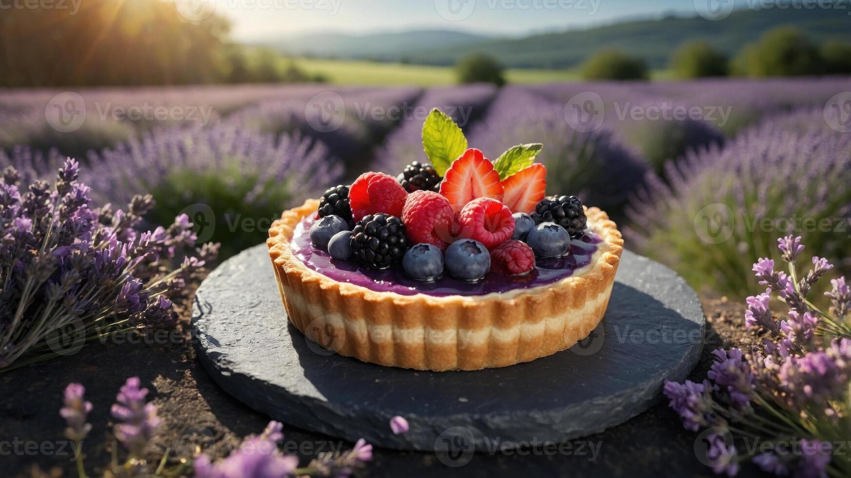 Colorful fruit tart on slate